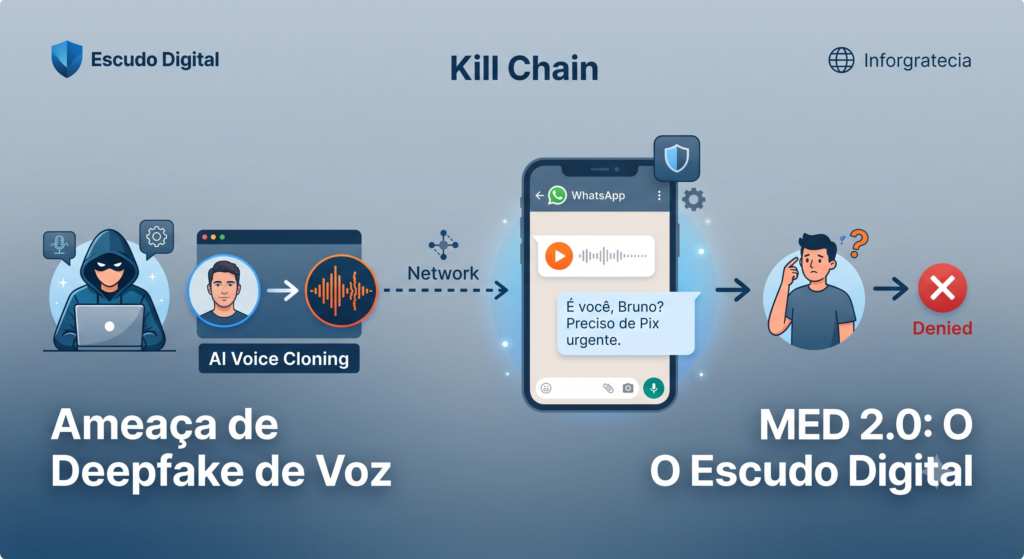 Chave de segurança física ao lado de celular com onda sonora de IA