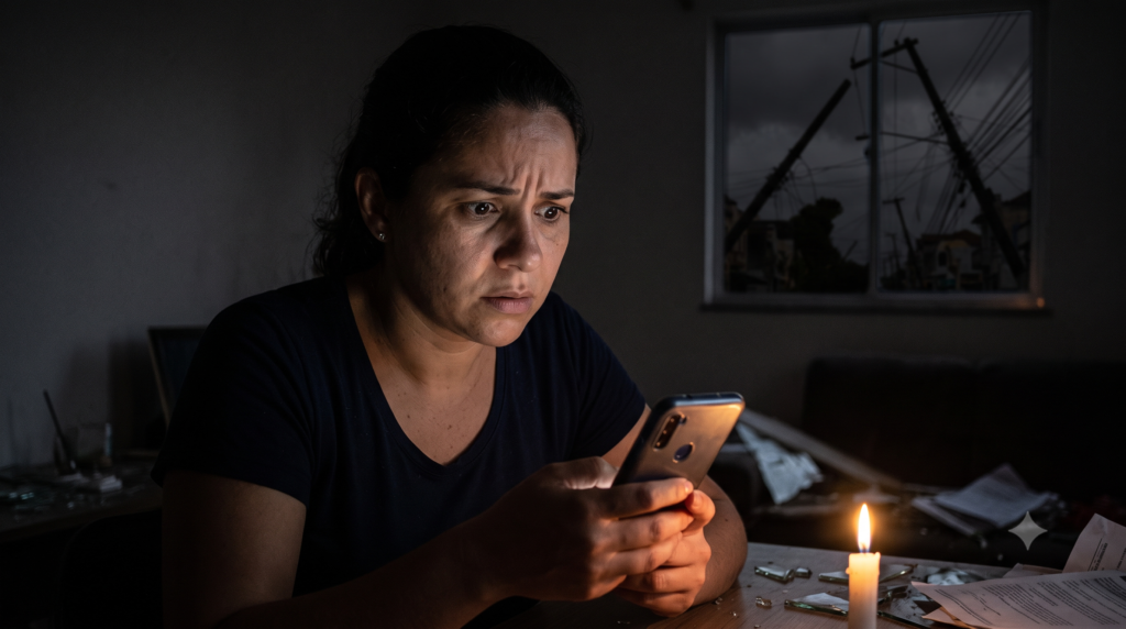 Pessoa usando celular durante apagão – risco de golpes digitais após vendaval
