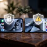 Comparação visual entre iPhone e Android destacando segurança digital