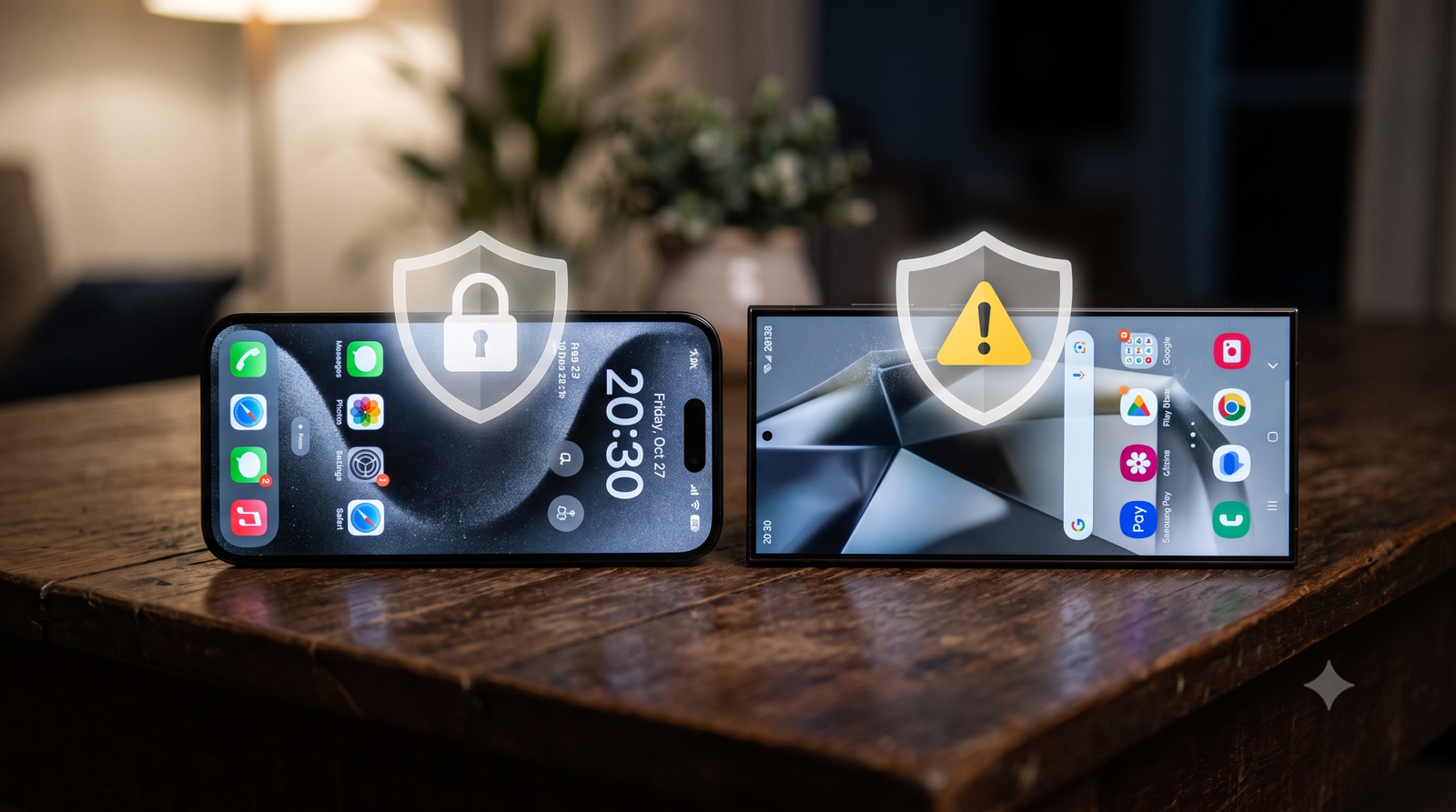 Comparação visual entre iPhone e Android destacando segurança digital