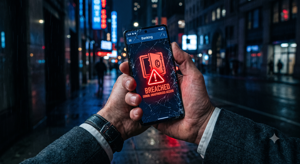 Mão segurando um smartphone com tela trincada exibindo erro em aplicativo bancário sob iluminação escura vermelha e azul falha APIs