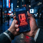 Mão segurando um smartphone com tela trincada exibindo erro em aplicativo bancário sob iluminação escura vermelha e azul falha APIs