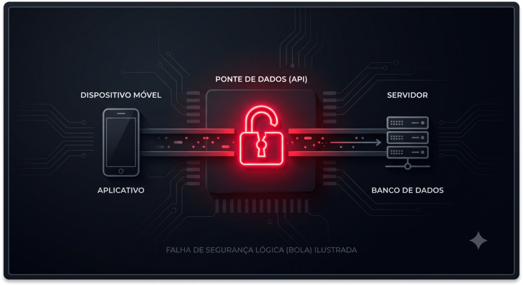 Infográfico mostrando uma conexão de dados interceptada entre um celular e um servidor com um cadeado quebrado, mostrando as falhas das APIs