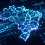 Mapa do Brasil formado por códigos digitais azuis brilhantes, representando o mercado de cibersegurança.