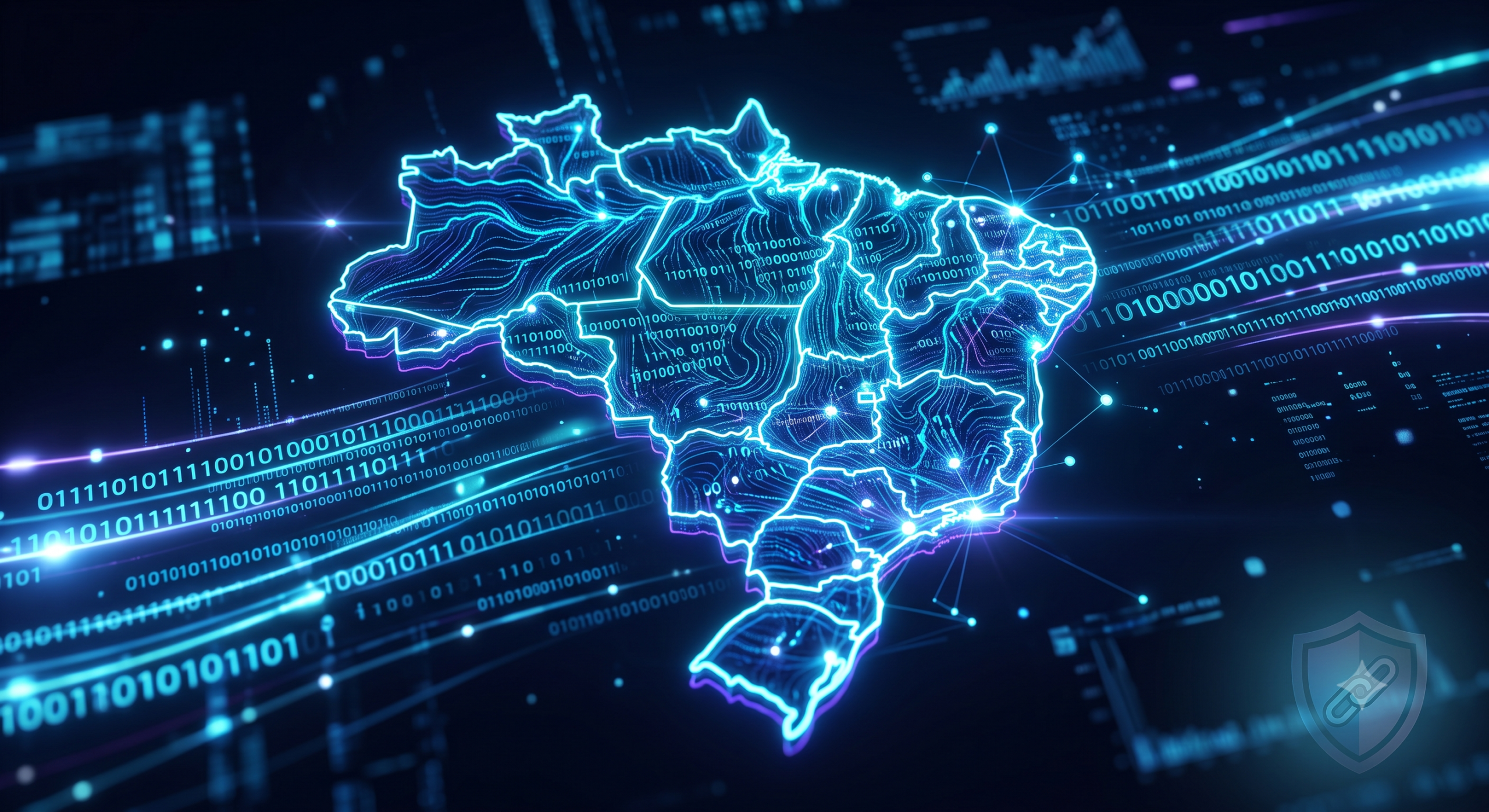 Mapa do Brasil formado por códigos digitais azuis brilhantes, representando o mercado de cibersegurança.