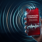 Ilustração de um escudo digital azul com sinais de ondas NFC sendo interceptados por um smartphone, alertando para vulnerabilidades.