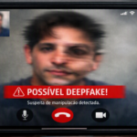 Exemplo de deepfake em videochamada com alerta de risco