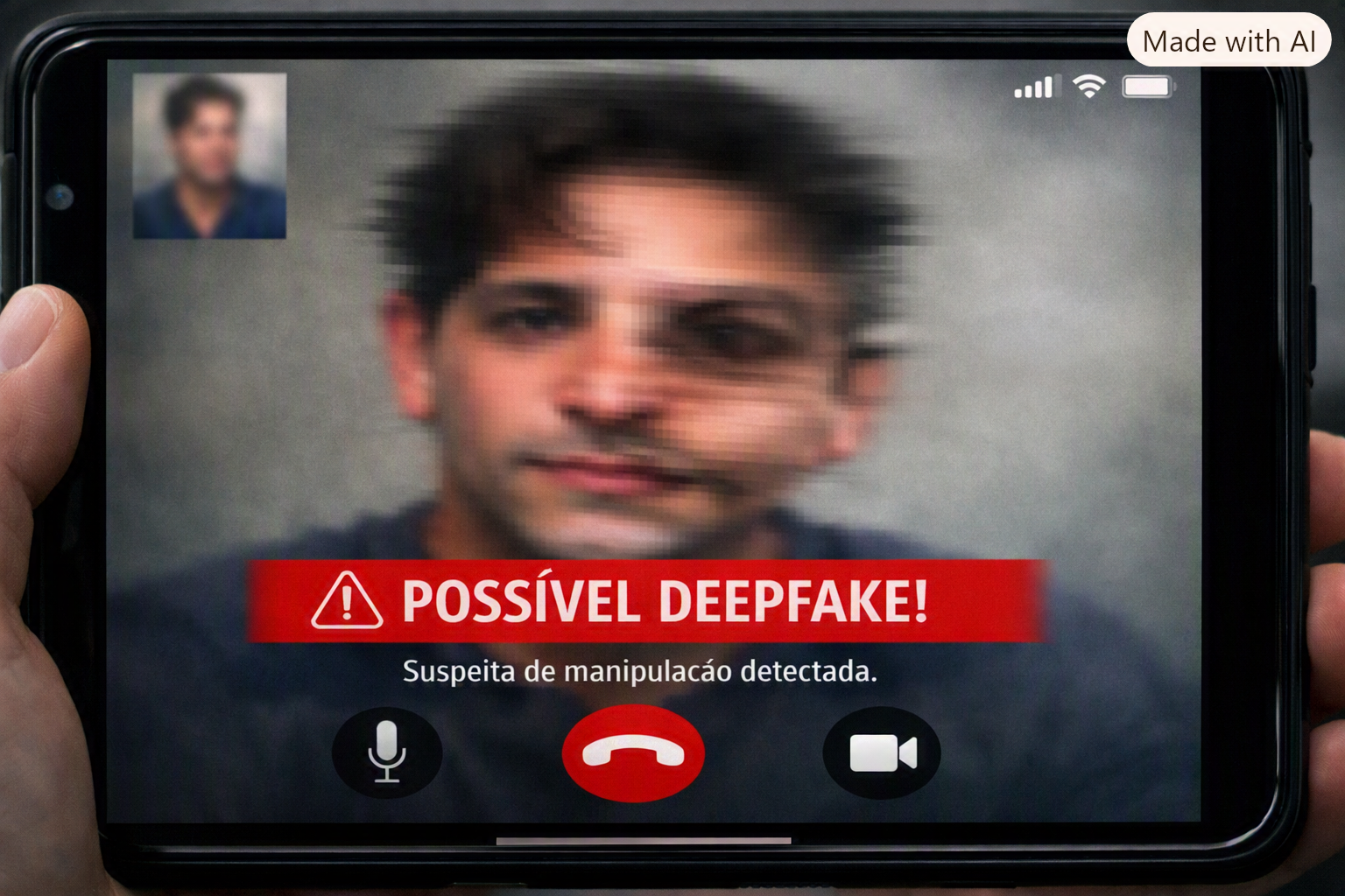 Exemplo de deepfake em videochamada com alerta de risco