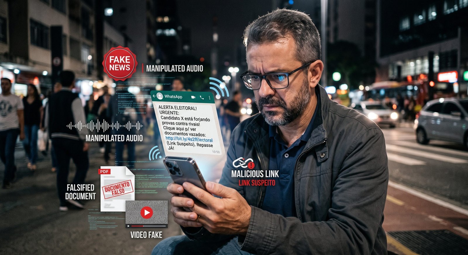 Eleitor verifica mensagem suspeita durante as eleições para evitar golpes digitais