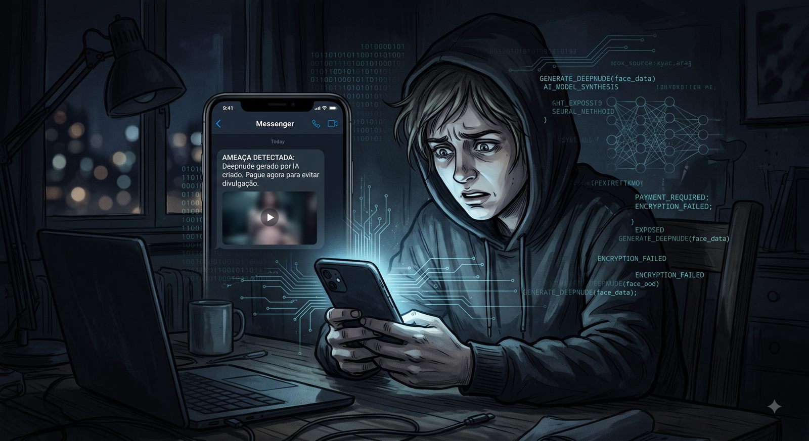 Pessoa preocupada ao receber ameaça de nudez falsa com ia gerado por inteligência artificial