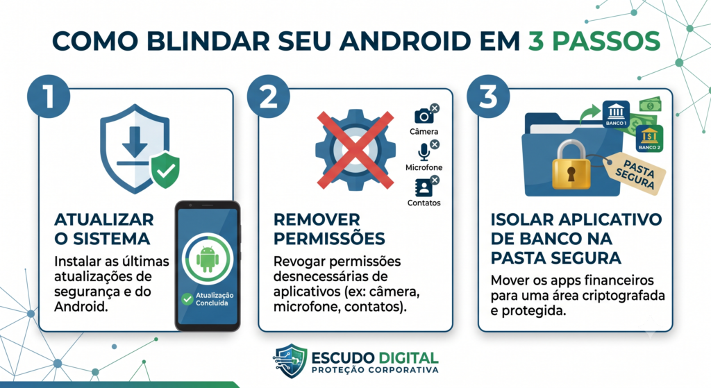Infográfico demonstrando três passos práticos para reduzir a falha de segurança de smartphones Android: atualizar o sistema, remover permissões e usar a pasta segura.