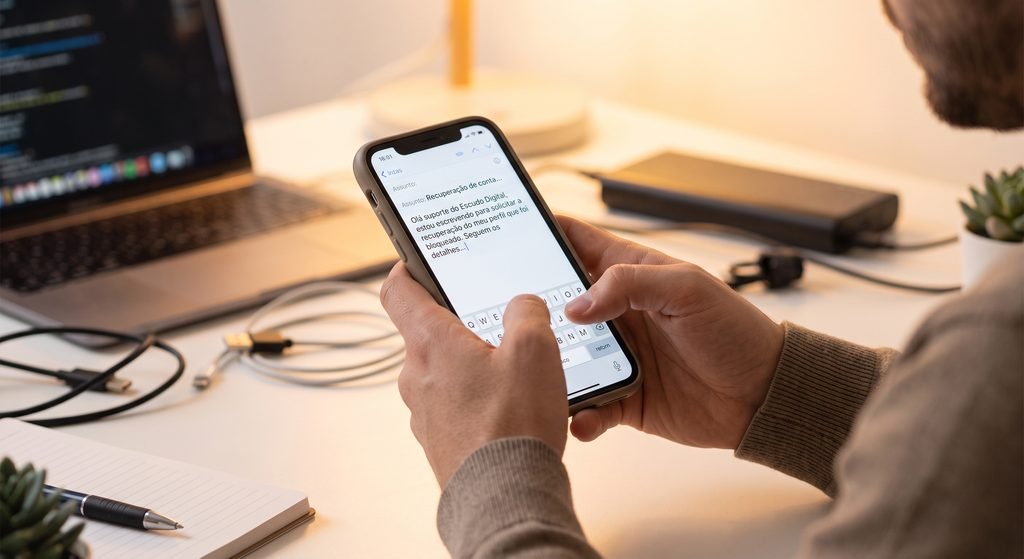 Imagem de uma pessoa com celular na mão escrevendo como recuperar meu whatsapp banido